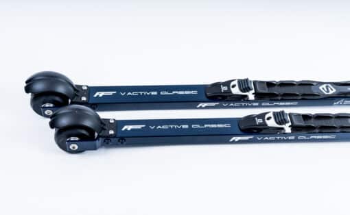Side-by-side view of two FF V Active Classic rollerskis, showcasing their aerodynamic design, V-groove wheels, and advanced suspension system for superior stability and performance.