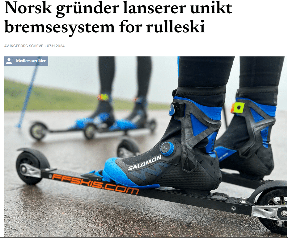 Close-up of FF Rollerskis with Salomon ski boots, featuring an innovative brake system designed for enhanced stability and control on roller skis. Captured on a misty day in Holmenkollen, Norway, this setup highlights cutting-edge technology in all-weather roller skiing.
