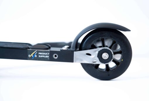 ff-360-flow-skate-roller-ski-closeup-fis-product-supplier-logo.jpg Close-up of FF 360 Flow Skate roller ski showing FIS product supplier logo and recyclable black plastic wheels.