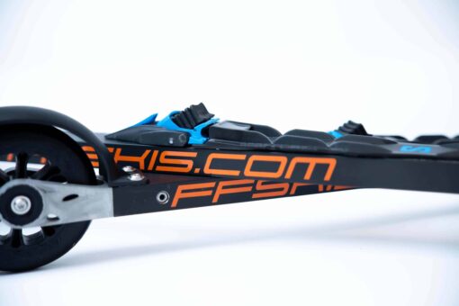 ff-360-flow-skate-roller-ski-orange-branding-black-wheel.jpg FF 360 Flow Skate roller ski showing lightweight frame, orange branding, and recyclable black wheels.