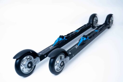 ff-360-flow-skate-roller-ski-pair-aluminum-rims-race-skate.jpg Side view of FF 360 Flow Skate roller skis showcasing aluminum rims and Salomon Race Skate bindings.