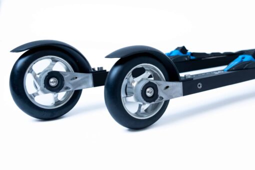 ff-360-flow-skate-roller-ski-side-view-aluminum-rims-binding.jpg Side view of FF 360 Flow Skate roller skis showcasing aluminum rims and Salomon Race Skate bindings.