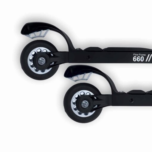 Two black Flow Frame 660 roller ski frames with wheels, seen from above on a clean white background. Essential for nordic ski