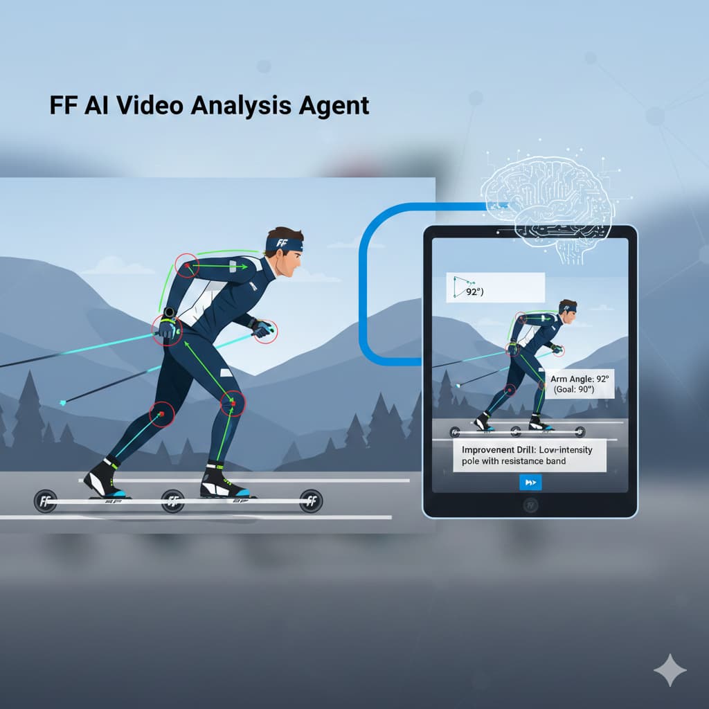AI ski technique video analysis — motion tracking overlay on a cross-country skier