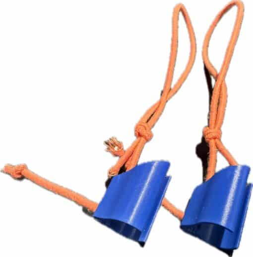 Blue and orange ff polecontroll strap clips for secure skiing grip and custom pole style.