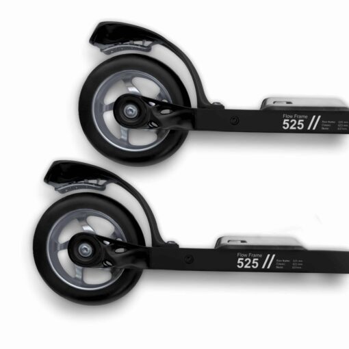 FF Rollerskis Flow Skate 525 Precision Frame Detailed view of FF Rollerskis Flow Skate 525 frame with black wheels and splash guards on a white background.