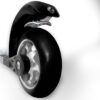 FF Rollerskis High-Performance Wheel System Close-up of a durable black FF Rollerskis wheel with a sleek silver alloy rim and integrated protective mudguard.