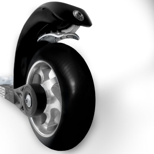 FF Rollerskis High-Performance Wheel System Close-up of a durable black FF Rollerskis wheel with a sleek silver alloy rim and integrated protective mudguard.