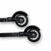 Flow Link Rollerski Wheels: Precision & Performance Close-up view of two black Flow link rollerski rear wheels, showing the black rubber tires and silver hubs with adjustable se