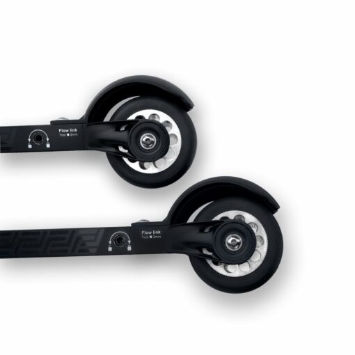 Flow Link Rollerski Wheels: Precision & Performance Close-up view of two black Flow link rollerski rear wheels, showing the black rubber tires and silver hubs with adjustable se