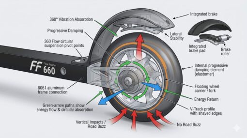 Technical diagram of the FF Rollerskis flow system showing vibration absorption and progressive damping components.