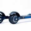 ff-360-flow-classic-suspension Close-up of a roller ski showing two black rubber wheels with blue aluminium hubs on a black frame