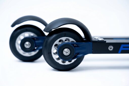 FF Rollerskis Suspension Technology Detail Close-up of FF Rollerskis showing integrated suspension forks and durable wheels for smooth asphalt training.