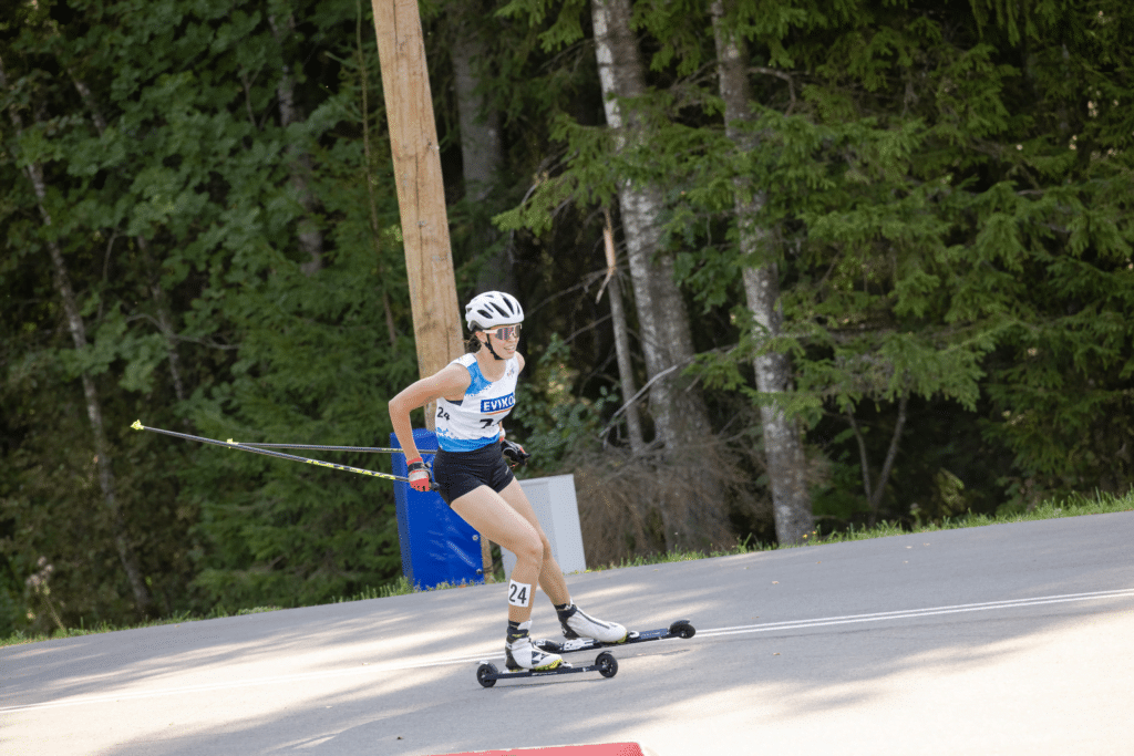 An athelete roller skiing during FIS Rollerski World Cup 2022. FF is Official product supplier to FIS