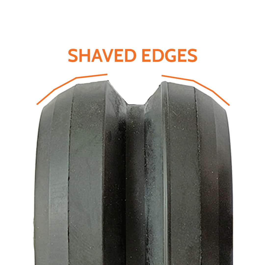 Close-up of shaved edges on V-track wheels, enhancing grip and control for FF rollerskis